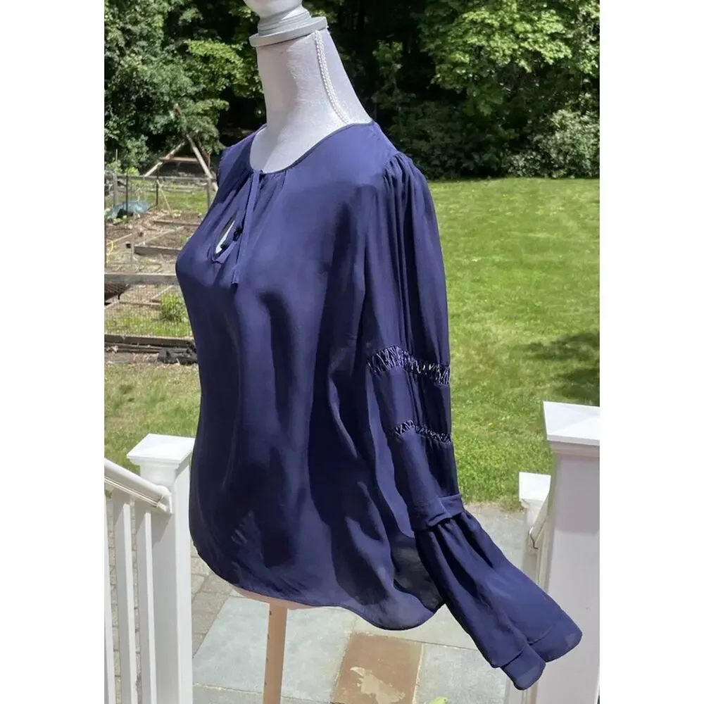 Parker Women 100% Silk Blouse Round Neck Tiered Sleeves Career Wear Navy Blue S - Picture 4 of 11